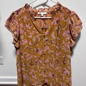 DR2 Mustard Floral Button-Front Blouse with Pink Accents